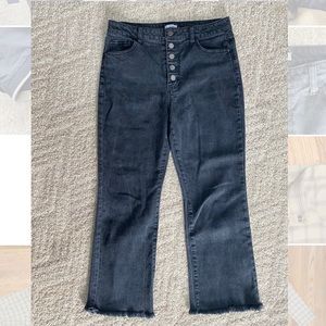 Size 9, black wash jeans, flare bottoms, high rise, cut off